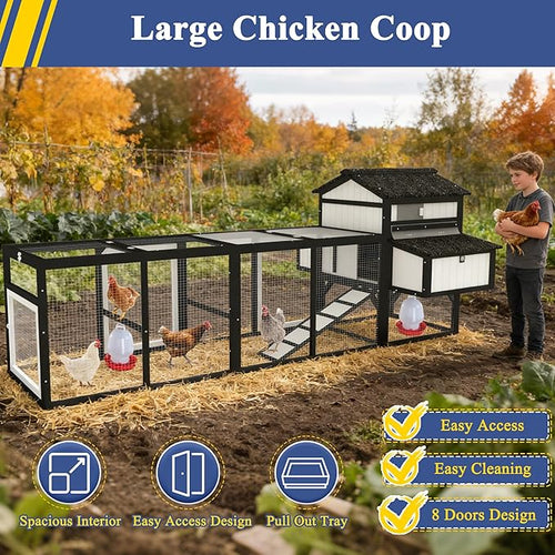 116" Large Chicken Coop with Run, Wooden Hen House Outdoor Poultry Cage 28.41 ft² for 4–6 Chickens, 4 Nesting Boxes, 4 Perches, Easy-Clean Slide Out Tray, Expandable Backyard Coop