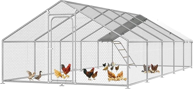 Large Metal Chicken Coop with Roosting Perch, Waterproof and UV Protection Cover, Chicken Run Outdoor Walk-in Cage Chicken Rabbit Duck Hen House, Spire Roof (10'W x 32.8'L x 6.4'H)