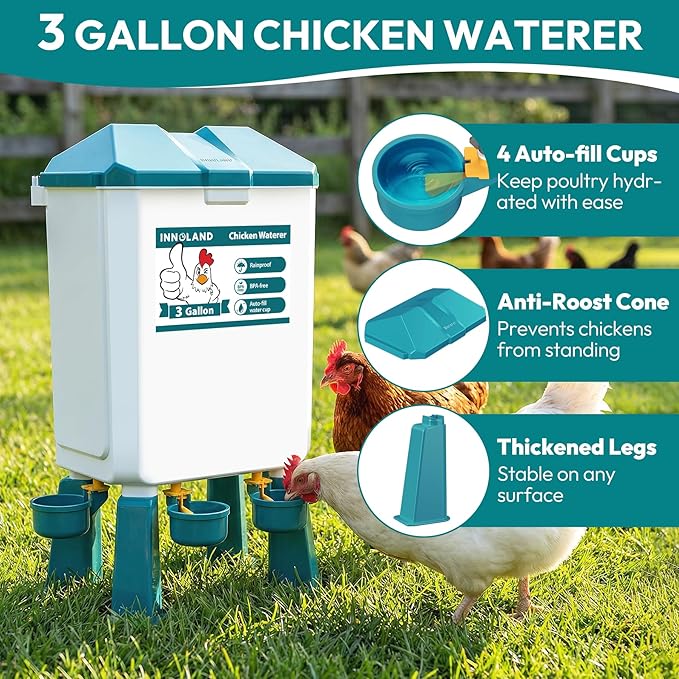Chicken Feeder and Waterer Set - 3 Gallon/26.5 Pounds, Automatic Chicken Waterer with 4 Cups & 3 Feeder Ports, No Waste Poultry Feeders & Waterers, Chicken Coop Accessories for Hens/Ducks/Poultry