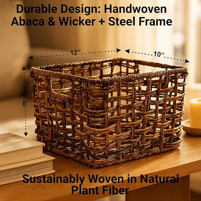 Handwoven Abaca Wicker Basket Set of 3 – 12x10x8 Open Weave Storage Baskets, Natural Woven Bins for Pantry, Bookshelf & Closet Organization, Sustainable Decorative Rattan Design
