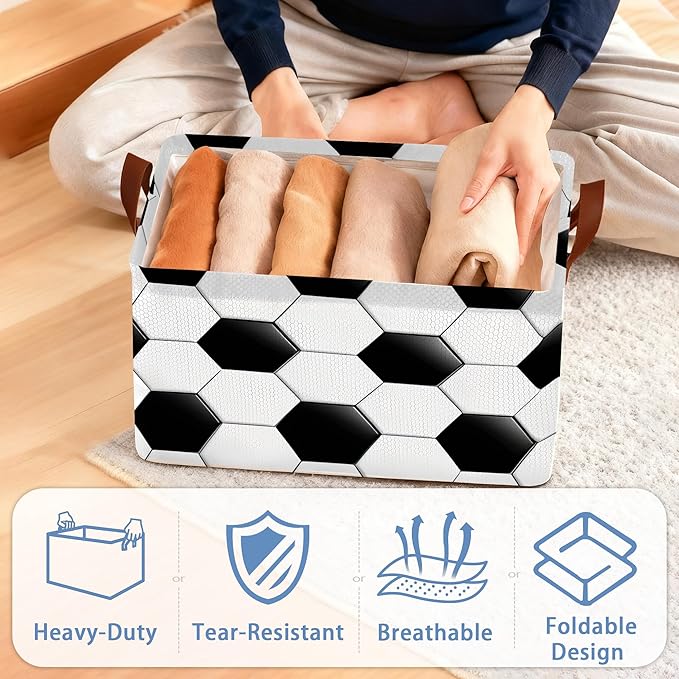 Abstract Football Collapsible Storage Box,Organizer Bin with Handles for Room Decoration,Bins Book Basket Box 17x11.5x10Inch