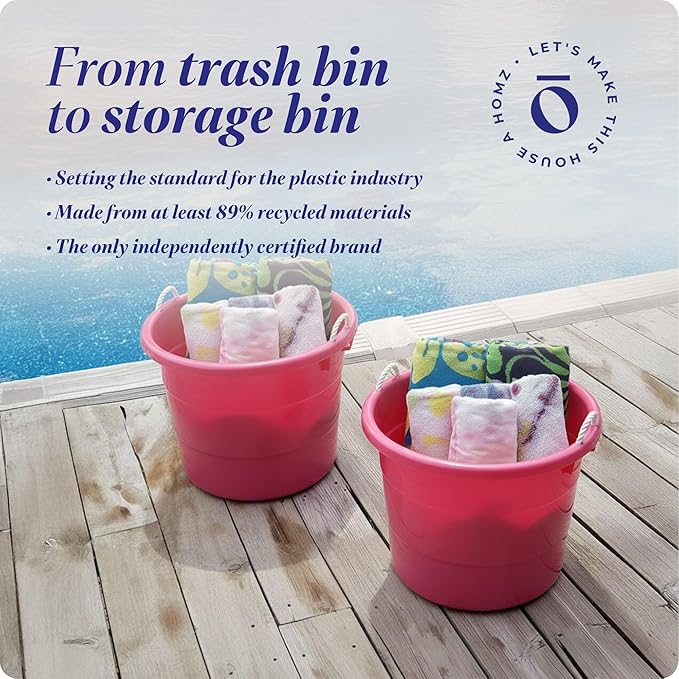 HOMZ 2-Pack Utility Tub, Large Plastic Storage Bucket with Rope Handles, 18 Gallon, Pink - Portable Indoor and Outdoor Buckets for Kitchen, Laundry, Garden, Bathroom, and Garage Organization