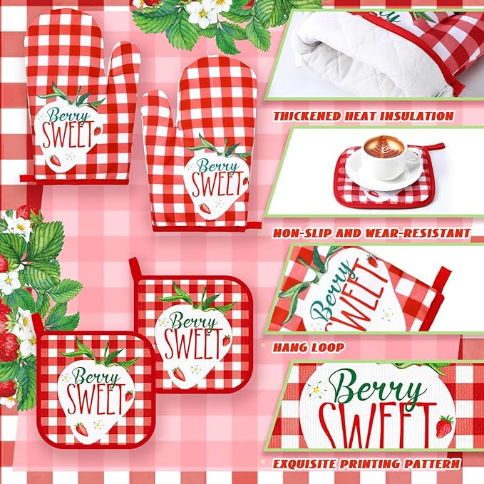 10 Pcs Strawberry Kitchen Dish Towels Rugs Oven Mitts and Pot Holders Set Farmhouse Kitchen Decor Set for Women Mom Daughter Gift Cooking Baking Grilling (Red and White)