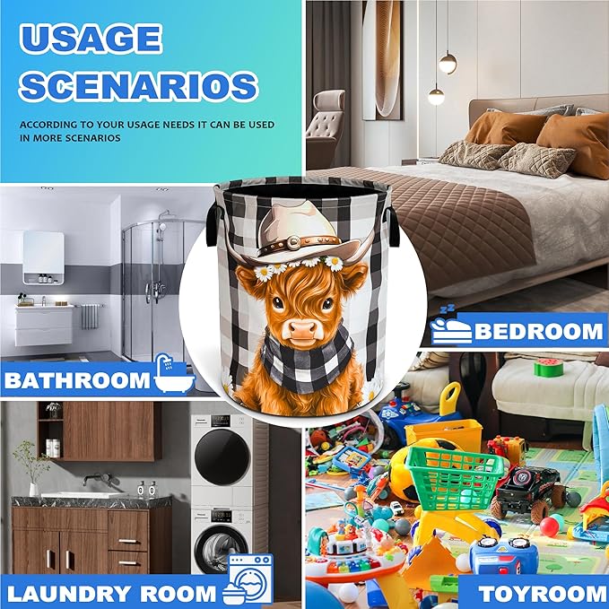 Cute Highland Cow Laundry Basket Oxford Cloth Calf Laundry Hamper With Handle Foldable Portable Clothes Storage Basket 18.9 X 16.5 In Storage Bag For Laundry Room/Bathroom/Bedroom/Dormitories