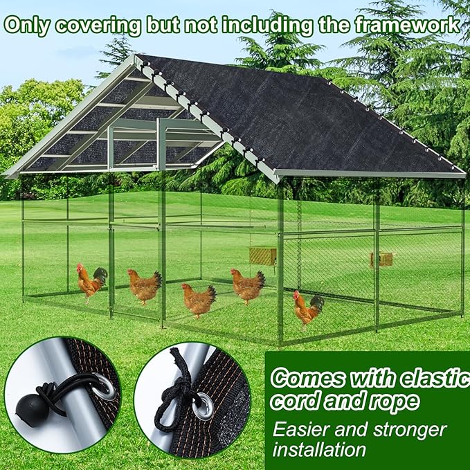 Black Chicken Coop Shade Cover, 11.5 * 6.6 FT UV 90% Shade Cloth with 20 Pcs Ball Bungees Cords, Chicken Cage Cover Chicken Run Sun Shade Mesh with Grommets for Outdoor Patio Garden Plants