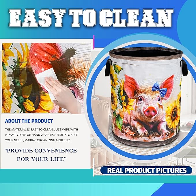 Cute Pig Sunflower Laundry Basket Oxford Cloth Farm Animal Laundry Hamper With Handle Foldable Portable Clothes Storage Basket 18.9 X 16.5 In Storage Bag For Laundry Room/Bathroom/Bedroom/Dormitories