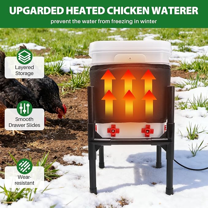 Heated Chicken Waterer,5 Gallon Chicken Poultry Water Heater with Stand for Winter with 8 Nipples + 4 Extras (black, 5 Gallon)