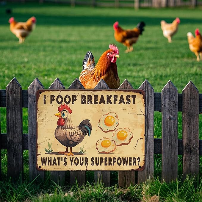 Farm Sign Chickens Pooping Breakfast Tin Sign Plaque Metal Poster 12x16 Inch Wall Decor