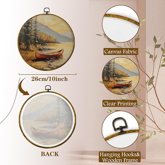 shiviody Vintage Lake Boats Canvas Wall Art Decor, Nautical Sailing Boat Wall Decor, Modern Scenic Landscape Round Hanging Frame Prints Decorations for Living Room Bedroom 10"x10"