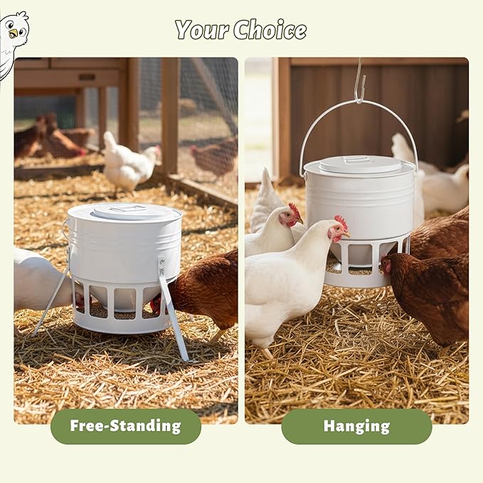 KOL Metal Chicken Feeder - 20lbs No Waste Chicken Feeder with 12 Ports, Powder Coated Rust-Proof Design & Smooth Edges for Safe Feeding (Jade White)