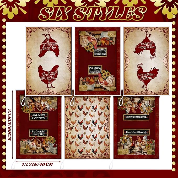 Bencailor 6 Pcs Farmhouse Kitchen Towels Chicken Rooster Kitchen Decor Farm Animal Hand Towels for Cooking Baking Housewarming Gift,15.75 x 23.62 inch(Deep Red,Rooster Hen)
