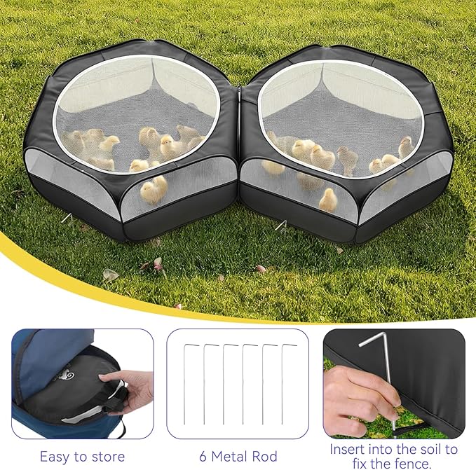 Pawaboo Extra Large 2-in-1 Small Animals Playpen, 2 Detachable Pet Cage Tent with Zipper Splicing, Portable Outdoor Yard Fence with 3 Metal Rod for Chick/Kitten/Puppy/Guinea Pig/Rabbits, Black