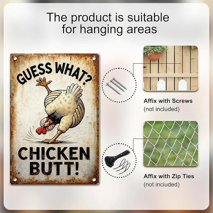 Funny Chicken Metal Decor Sign Vintage Metal Tin Sign Wall Art Decor Guess What Chicken Butt Chicken Coop Signs for Outdoor Decorations Gifts for Women and Hen Lovers 8 X 12 Inch