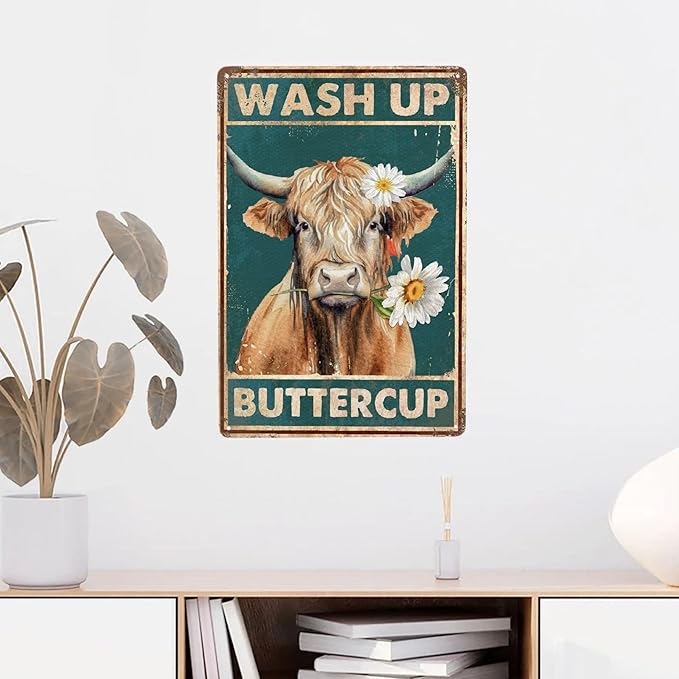 Highland Cow Vintage Metal Poster Wash Up Buttercup Sign Decor-Retro Funny Cow Wall Art Metal Tin Sign Bathroom Home Hanging Decor Funny Toilet Metal Sign Bathroom Wall Art, 12''x 8''