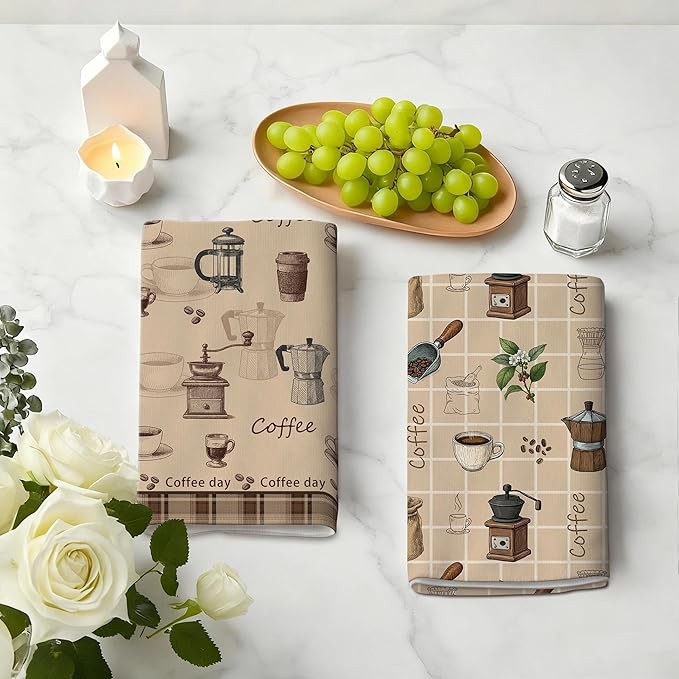 Vintage Coffee Kitchen Towels Decorative Set of 4, Brown Dish Towels Soft Absorbent Cute Tea Towel Hand Towel for Coffee Bar Drying Cleaning Kitchen Decor