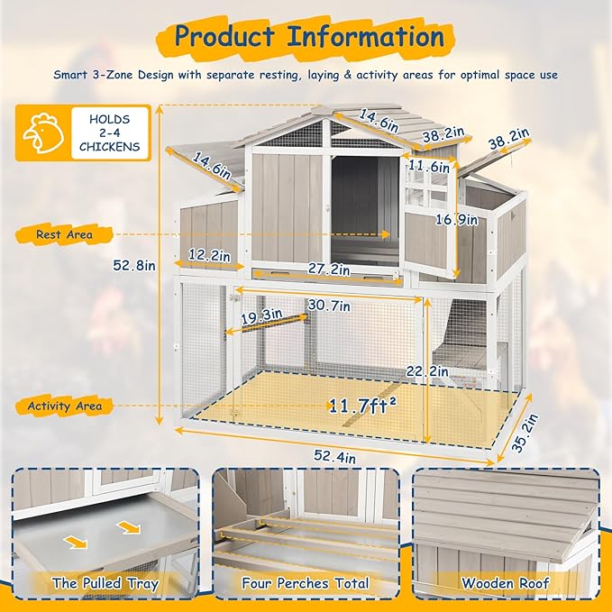 Outdoor Wooden Chicken Coop for 2–4 Chickens, 2-Tier Design Elevated Hen House with Dual Nesting Boxes, Slide-Out Tray, Reinforced Frame, Expandable Run, Expandable Run Connection, Grey