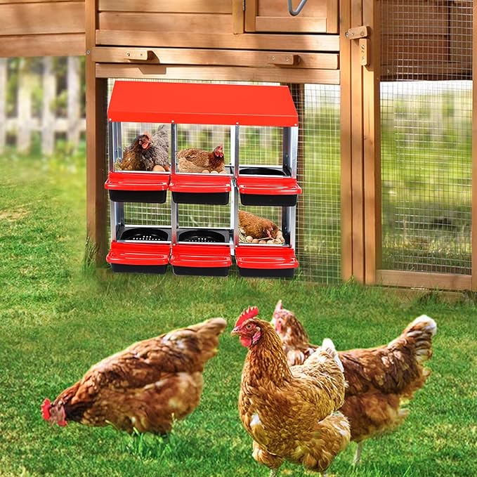 6 Compartment Metal Chicken Nesting Box – Roll Away Egg Laying Box with Lid Cover, Easy Egg Collection, Wall Mount Hen Roosting Box – Red (Without Bracket Legs, 6 Compartment Egg Laying Box)