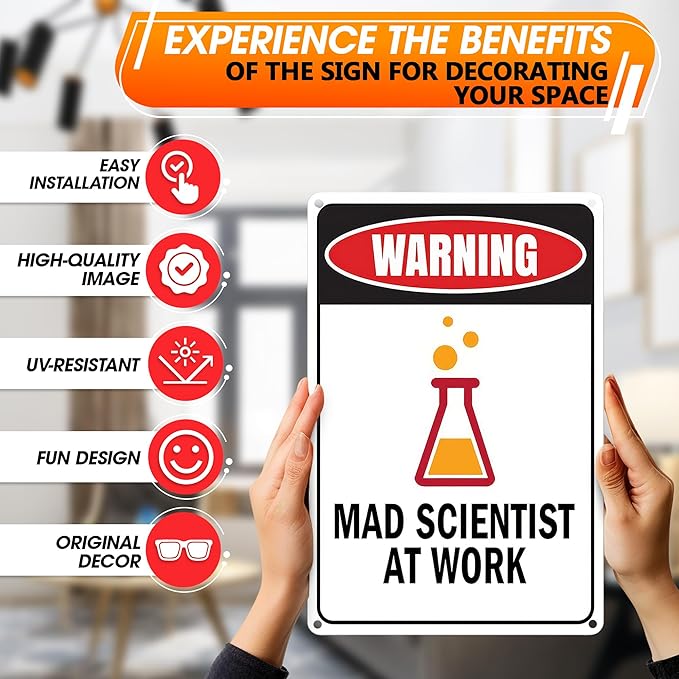 Mad Scientist Metal Sign 7.9x11.8" – Mad Scientist Props with Good Print Quality, Science Classroom Decor, Office, or Home – Rust Resistant Tin Wall Art, Chemistry Gifts for Men | Easy Installation