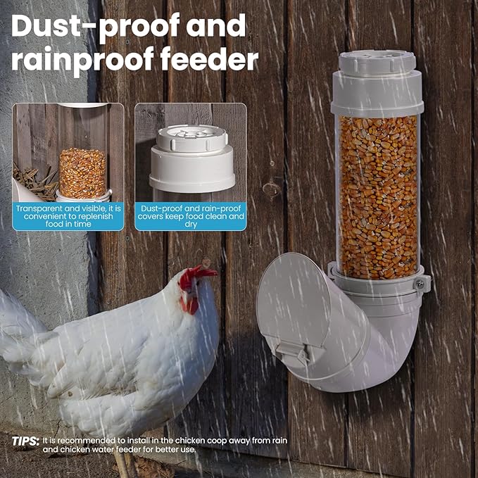 Automatic Chicken Feeder No Waste 6 Pounds Duty PVC Gravity Poultry Chicken Coop Feeder, Wall Mounted Visible Gravity Fed Poultry Feeder Tube with Rain Cover for Ducks Turkeys Geese Quails