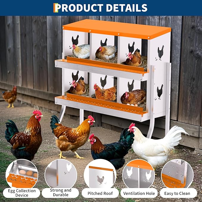 Chicken Nesting Box with Removable Tray,6 Compartment Nesting Boxes for Chickens,Easy to Clean and Install,Durable Chicken Laying Boxes for Chicken Coop,Protects Eggs-with Bracket Legs (Orange)