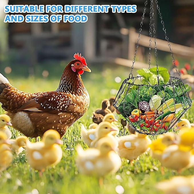 Hanging Chicken Feeder,Foldable Large Poultry Accessories Vegetable Fruits Feeder Basket with 4 Firm Hanging Chain and Hook,Chicken BoredomToys for Coop (1 Pack with 1 Hook)