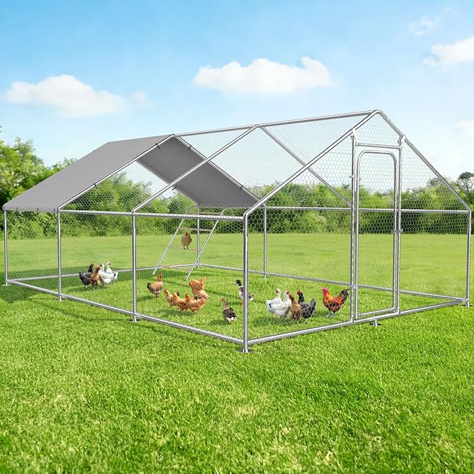 Large Metal Chicken Coop Run with Roosting Perch, Outdoor Waterproof & UV-Resistant Cover for Chickens, Ducks, Rabbits, and Hens in Yard or Farm Use Spire Roof (13.1'Wx19.7'Lx 6.5'H)