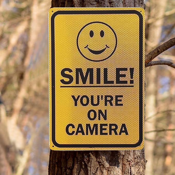 Vintage Metal Tin Sign Smile! You're On Camera With Graphic,Black On Yellow Road Business Sign 12x8 Inches Traffic Tin Painting