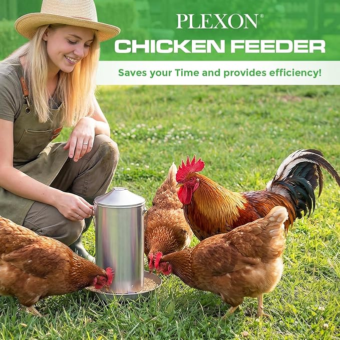 Plexon 8.8 Lb Stainless Steel Hanging Chicken Feeder no Waste Food-Grade - Duck Turkey Poultry Feeder for Chicken Metal - Heavy Duty Reliable Long-Lasting with Handle
