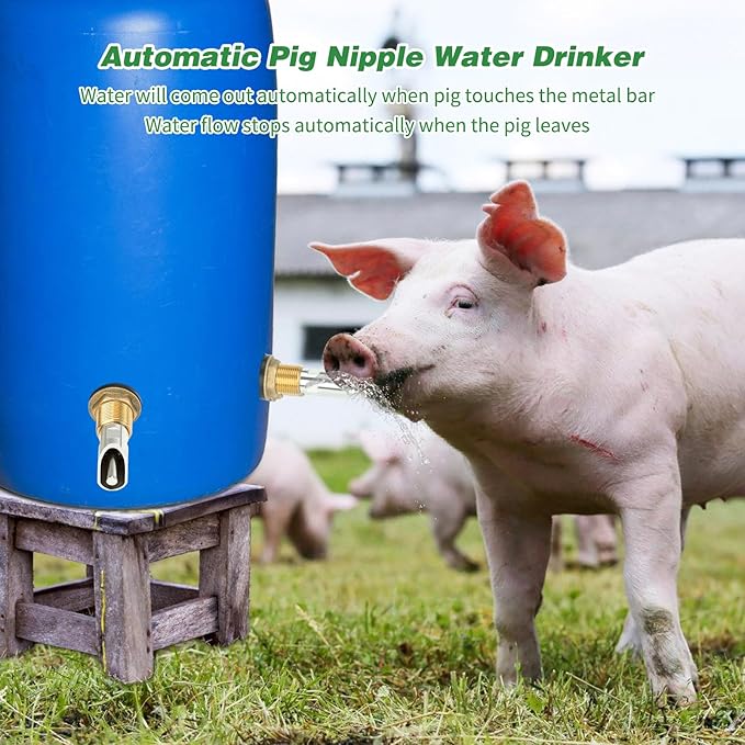4 Pcs Pig Waterer Nipples for Barrel Kit, Stainless Steel Hog Waterer Nipples Automatic Pig Nipple Water Drinker Feeder Water System with Brass Tank Connector Kit for Piglets Goat