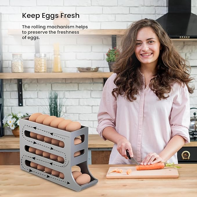 ZAYLAN Egg Holder for Fridge, Auto Rolling Egg Roller/Dispenser/Organizer/Storage Container, Space-Saving 4-Tier Egg Tray for 28 Eggs, Refrigerator, Kitchen & Countertop with Flower Egg Cutter (Gray)
