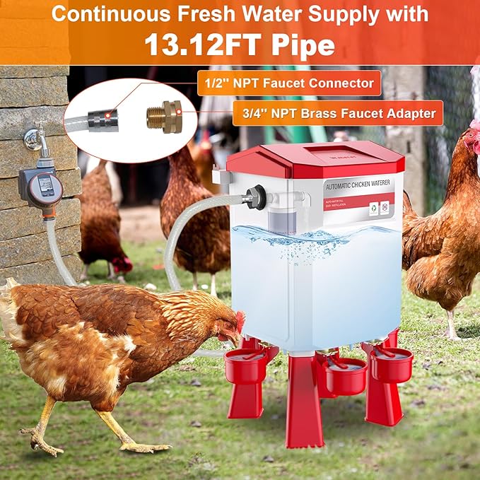 Automatic Chicken Waterer 2 Gallons, Float-Controlled Chicken Water Feeder with 4 Water Cups, 158.4-Inch Hose with 3/4'' and 1/2'' Ends, Large Poultry Waterer for Chick Quail Duck Turkey, Red
