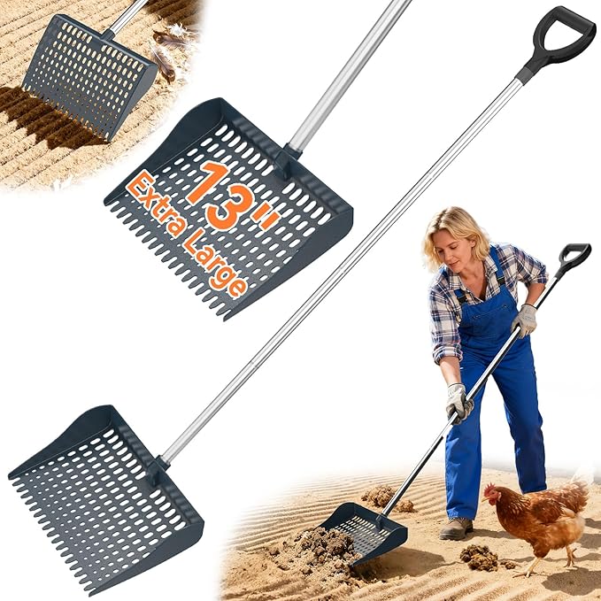 Chicken Poop Scooper & Rake 2-in-1, Chicken Coop Accessories with 13in Wider PP Head & Adjustable Stainless Steel Handle, 33''-69'' Pooper Scooper Sand Sifting Shovel Litter for Small Farm Animals