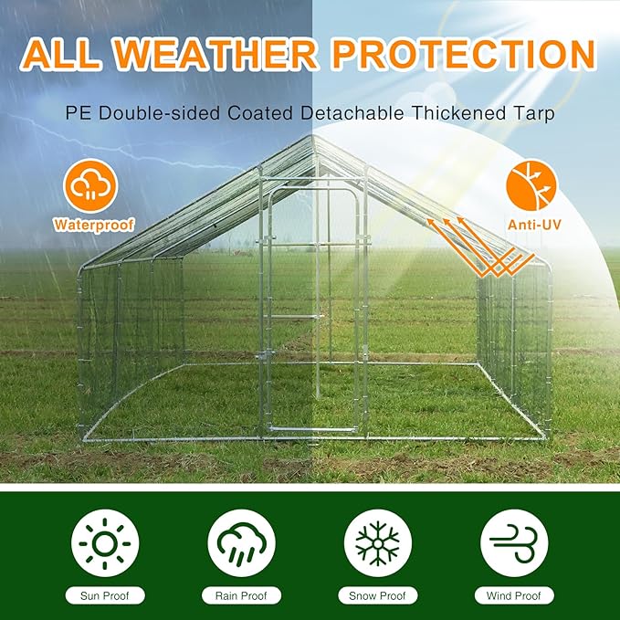 Chicken Coop Large Metal Chicken Run with Chicken Perch, Outdoor Dog Kennel with Roof Waterproof Anti-UV Cover Secure Lock for Outside Backyard Farm (19.7' L x 9.8' W x 6.72' H)