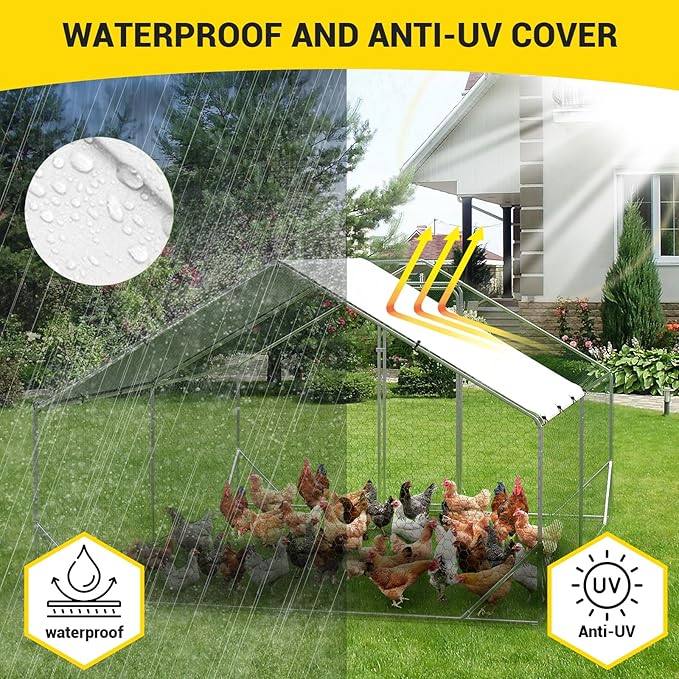 Garvee Large Chicken Coop, Metal Chicken Coop with Anti-Ultraviolet Waterproof Cover, Spire Roof Walk in Poultry Cage for Backyard and Farm Use, 9.8 ft x 13.1 ft x 6.6 ft