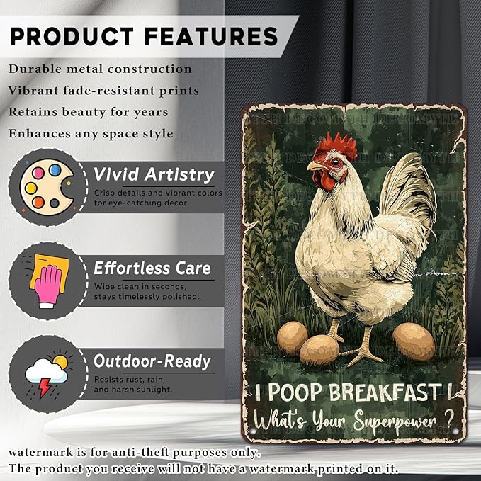Vintage Chicken Tin Sign I Poop Breakfast Whats Your Superpower Retro Coop Wall Decor Nostalgic Art Funny Rustic Metal Poster Outdoor Store Cafe Poultry House Pubs Farm Farmhouse 12 * 8inch
