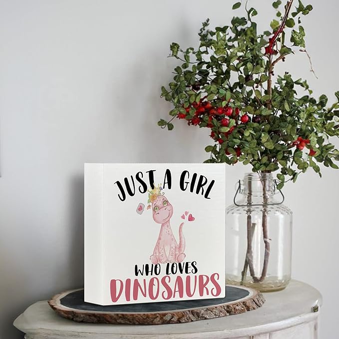 Pink Dinosaurs Wooden Box Signs, Dinosaurs Gifts for Women Girls, Dinosaurs Decor, Just a Girl Who Loves Dinosaurs Desk Signs for Tabletop Shelf Desk 5x5 Inch