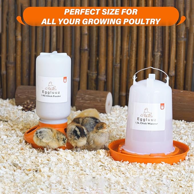 Chick Feeder and Waterer Kit Automatic Chicken Feeder and Waterer Set, 1L Chick Feeder and 1.5L Chick Waterer with 3 Heights Adjustable Legs