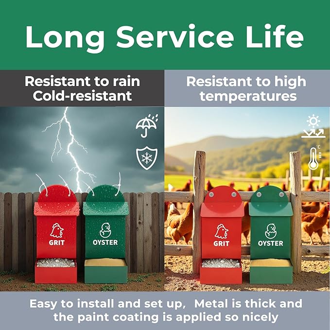 Rustproof Chicken Grit and Oyster Shell Feeder 2 Pack, Heavy Duty Metal Poultry Feeders for Coop or Fence, Rainproof Dual Compartment Wall Mounted Feeder for Outdoor Chicken Coops