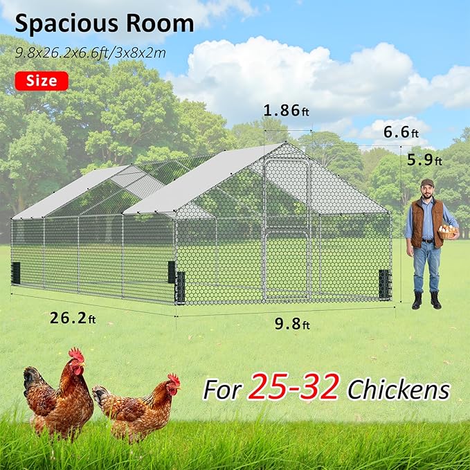 Large Metal Chicken Coop, Walk-in Chicken Run with Feeding Door, Security Lock and Cover, Outdoor Duck/Rabbit Cage Poultry Pen for Backyard, Farm, Yard (Silver - Spire Roof, 26.2 x 9.8 x 6.5 FT)
