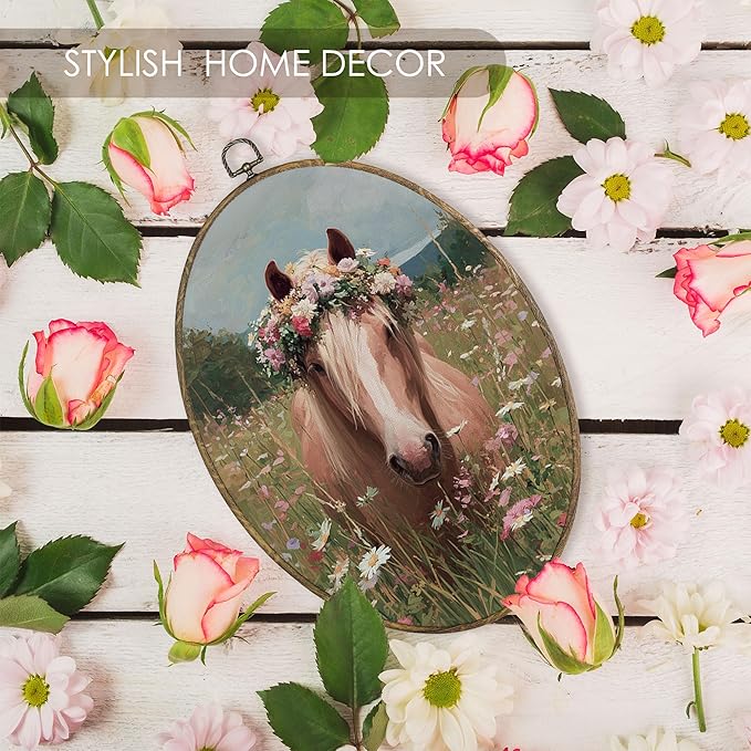 Fewgb Vintage Horse Oval Wall Art Decor Framed Gifts for Horse Lovers, Rustic Farmhouse Cottagecore Wildflower Canvas Wall Art Prints Picture, Horses Hanging Decor Artwork for Bedroom Living Room 9x12
