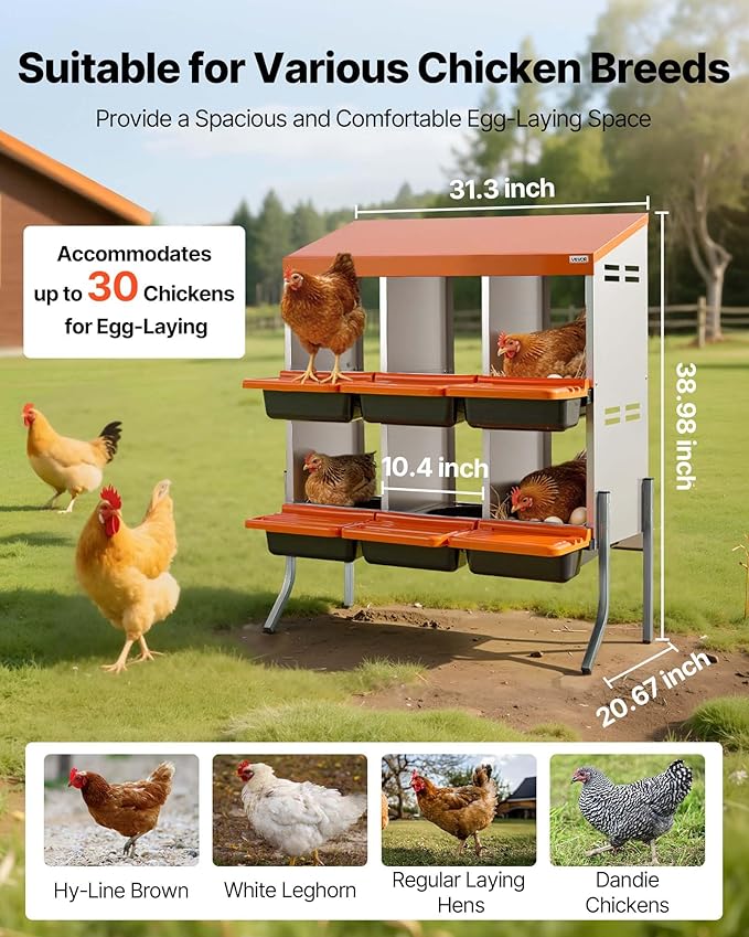 VEVOR Chicken Nesting Boxes, 6 Compartments, with Support Legs, Easy Egg Collection, Galvanized Steel and High-Strength Plastic, Roll Away Nesting Boxes for Chickens and Hens Laying Eggs, Orange