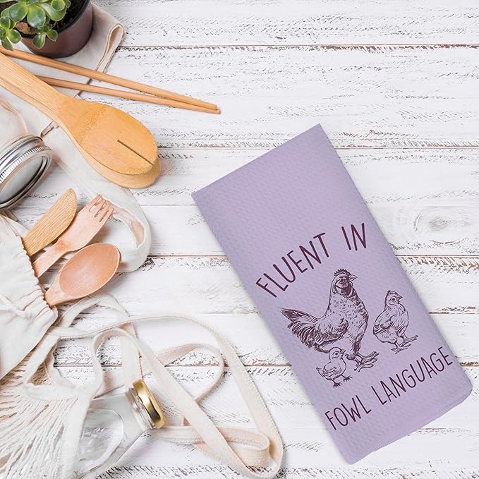 Funny Chicken Kitchen Dish Towels 16x24 Inch, Purple Crazy Chicken Gifts for Chicken Lover Chicken Mom, Fluent in Fowl Language Decorative Hand Towels Tea Towels for Farmhouse Home