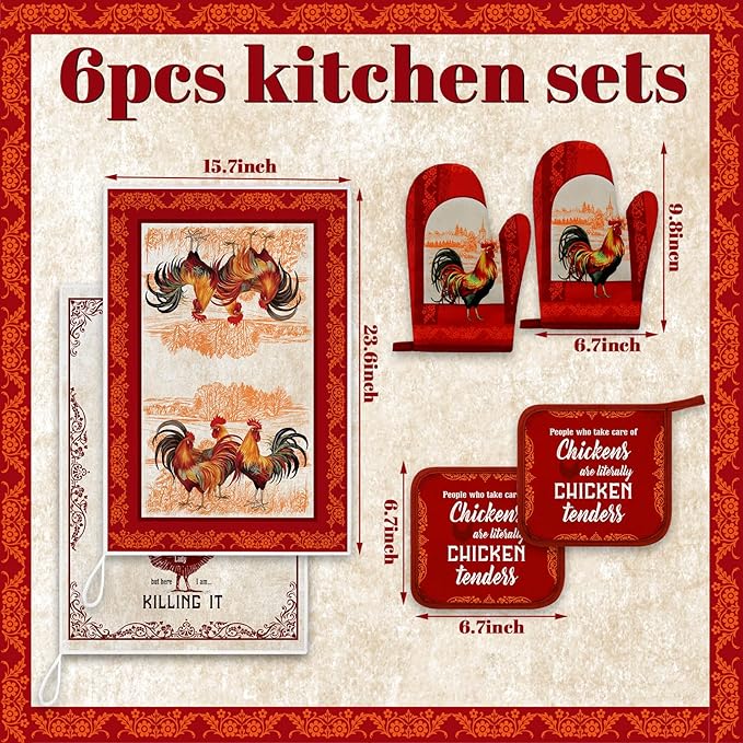 Leinuosen 6 Christmas Red Rooster Farmhouse Kitchen Decor Dish Towels Oven Mitts and Pot Holders Sets Chicken Kitchen Towels Absorbent Decorative Accessories for Cooking Baking Grilling