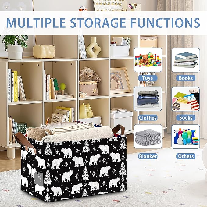 Bear Forest Collapsible Storage Box,Snowflake Winter Organizer Bin with Handles for Room Decoration,Bins Book Basket Box 17x11.5x10Inch