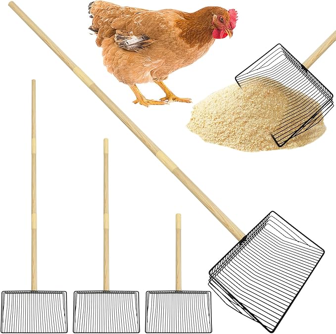 PINVNBY Chicken Poop Scooper 3 in 1 Stainless Steel Litter Scooper with Adjustable Handle (18.1" to 42.1") Sand Sifting Shovel for Chicken Poop & Pet Waste Cleaning