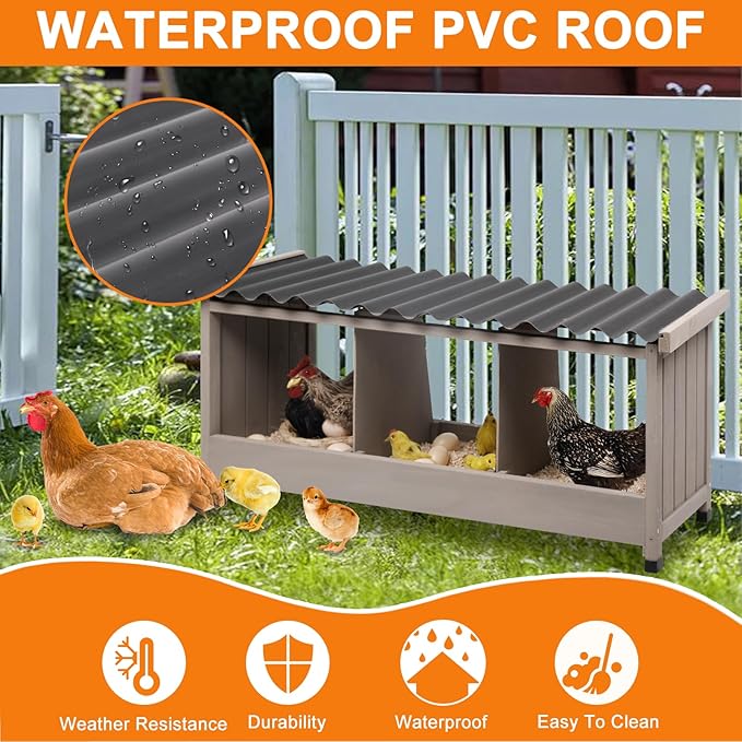 38" L Chicken Nesting Boxes,3 Holes Wooden Chicks Laying Boxes with PVC Roof,Chicks Brooder Box for Laying Eggs for Hens Chicken Duck,Grey