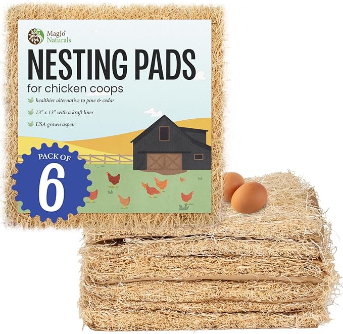 MagJo Aspen Nesting Pads for Chicken Coops - USA Grown Aspen Excelsior Nest Box Liners 13x13-6 Pack
