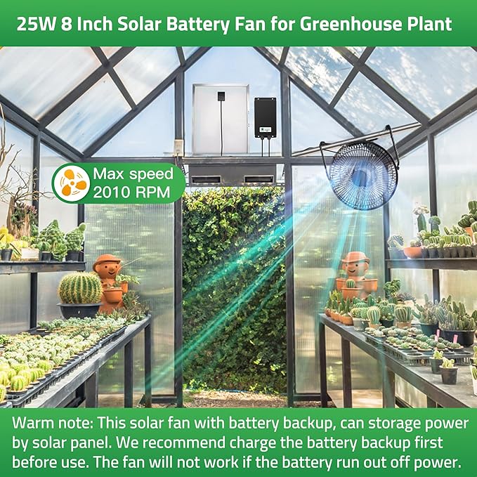 8" Solar Rechargeable Fan, 25W Solar Powered Floor Fan with 66.6 Wh Battery Backup for Outdoor Greenhouse, Chicken Coop, Pet House Air Circulation Cooling