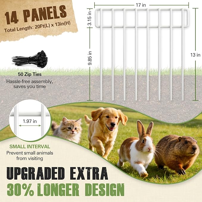 20Ft(L) X 13Inch(H) Animal Barrier Fence - 14 Pack White Garden Fence Animal Barrier Panels Metal No Dig Fence Panels Rustproof Border Fencing for Dog Rabbit Protection Yard Garden Outdoor