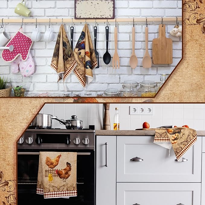 Geyoga 4 Pcs Chicken Kitchen Towels Rooster Dish Hand Towels Farm Animal Cow Vintage Rustic Tea Cloth for Spring Easter Bathroom Farmhouse Decor Gifts, 16 x 24 Inch(Classic Color,Rooster)